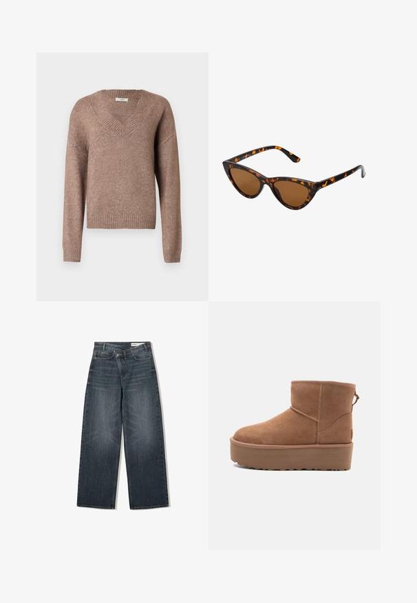 Giacca corta in pelle ecologica marrone con ampio colletto, cerniera frontale, tasche laterali e cintura in vita. Texture liscia, vestibilità comoda.; Maglione marrone lavorato a maglia con scollo a V, maniche lunghe, polsini e orlo a coste. Il materiale sembra morbido con una finitura leggermente strutturata.; Jeans in denim scuro con un design a gamba larga, caratterizzati da una vita alta, cinque tasche e leggere sfumature di usura nella parte anteriore.; Stivale alla caviglia in suede beige con suola platform, punta rotonda e dettagli di cucitura; presenta un inserto sul retro per una facile calzata.; Occhiali da sole cat-eye con una montatura tartarugata nera e arancione, lenti marroni e punte affusolate e eleganti. Presentano un logo minimale sulla asta.