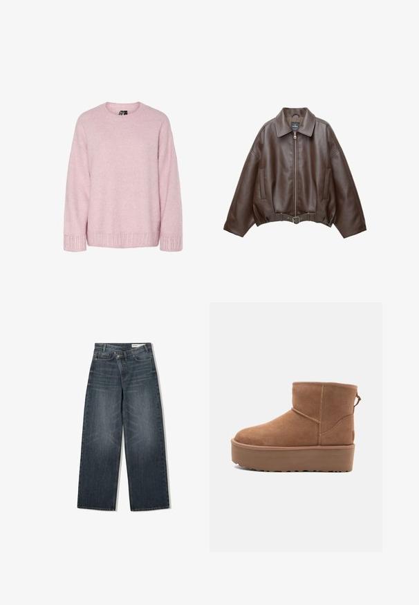 Barna műbőr rövid dzseki széles gallérral, elülső cipzárral, oldalzsebekkel és övvel szabott derékkal. Simább tapintású, laza szabású.; Világos rózsaszín kötött pulóver kerek nyakkal, laza szabással és bordázott díszítéssel az ujjvégeken és az alján. Puha tapintású, finom mintázattal.; Sötét mosású farmernadrág, széles lábakkal, magas derékkal, öt zsebbel és finom kopásnyomokkal az elején.; Barna suede bokacsizma platform talppal, lekerekített orral és varrás részletekkel; a hátsó részen húzófül található a könnyű felhúzás érdekében.