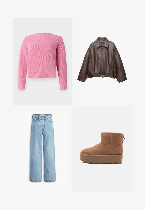 Kavaj s ošišanim donjim dijelom od smeđe umjetne kože s širokim ovratnikom, prednjim patentnim zatvaračem, bočnim džepovima i remenom u struku. Glatka tekstura, udoban kroj.; Ružičasti pleteni pulover s krojenjem koje otkriva struk, dugim rukavima i rebrastom teksturom. Jednostavna okrugla izrez i bez vidljivih kopčanja.; Farmerke s visokim strukom, svijetloplave boje, širokih nogavica, s prednjim gumbom i patentnim zatvaračem, petljama za pojas i stilizacijom s pet džepova.; Svijetlosmeđi antilop čizmice do članka s platformom, okruglim vrhom i ukrasnim šavovima; ima petnu traku za lakše obuvanje.