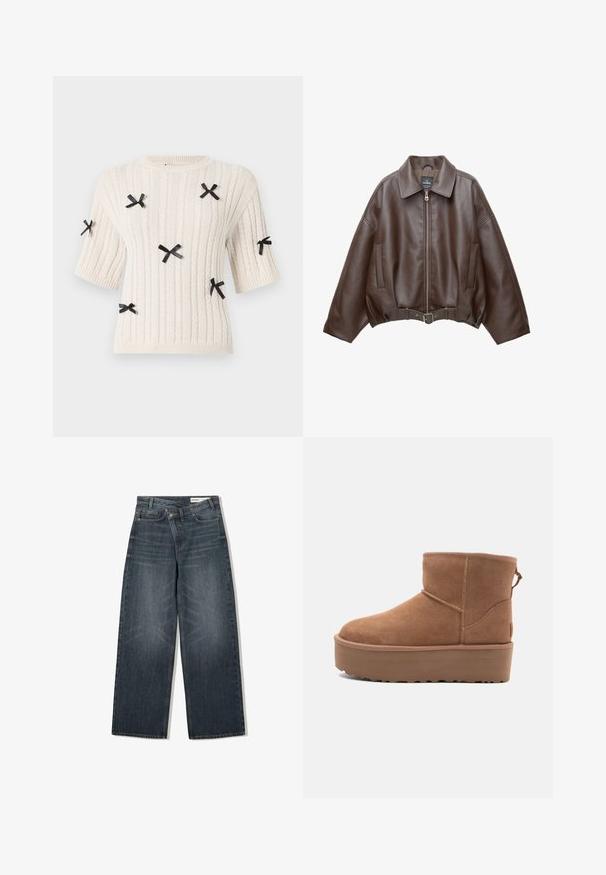 Braune, kurz geschnittene Jacke aus Kunstleder mit weitem Kragen, vorderem Reißverschluss, Seitentaschen und einem Taillengürtel. Glatte Textur, entspannte Passform.; Cremfarbener Kurzarmpullover mit strukturiertem Rippstrickdesign, versehen mit schwarzen Bandakzenten, die gleichmäßig über den Stoff verteilt sind.; Dunkel waschjeans mit weitem Bein, hoher Taille, fünf Taschen und dezenten Abnutzungen an der Vorderseite.; Beige Wildleder-Ankle-Boot mit Plateausohle, abgerundetem Zehenbereich und abgesteppten Akzenten; verfügt über eine Zuglasche hinten für einfaches An- und Ausziehen.