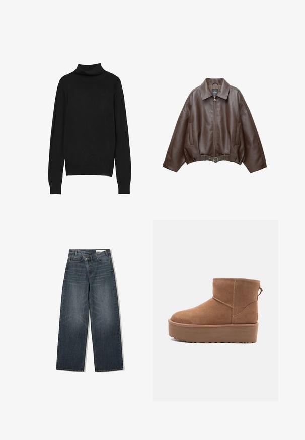Braune, kurz geschnittene Jacke aus Kunstleder mit weitem Kragen, vorderem Reißverschluss, Seitentaschen und einem Taillengürtel. Glatte Textur, entspannte Passform.; Schwarzer Rollkragenpullover aus weichem Material, mit langen Ärmeln, einem engen Kragen und gerippten Bündchen für einen strukturierten Look.; Dunkel waschjeans mit weitem Bein, hoher Taille, fünf Taschen und dezenten Abnutzungen an der Vorderseite.; Beige Wildleder-Ankle-Boot mit Plateausohle, abgerundetem Zehenbereich und abgesteppten Akzenten; verfügt über eine Zuglasche hinten für einfaches An- und Ausziehen.