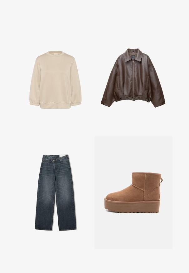 Braune, kurz geschnittene Jacke aus Kunstleder mit weitem Kragen, vorderem Reißverschluss, Seitentaschen und einem Taillengürtel. Glatte Textur, entspannte Passform.; Kaffe KASIF - Sweatshirt - feather gray; Dunkel waschjeans mit weitem Bein, hoher Taille, fünf Taschen und dezenten Abnutzungen an der Vorderseite.; Beige Wildleder-Ankle-Boot mit Plateausohle, abgerundetem Zehenbereich und abgesteppten Akzenten; verfügt über eine Zuglasche hinten für einfaches An- und Ausziehen.