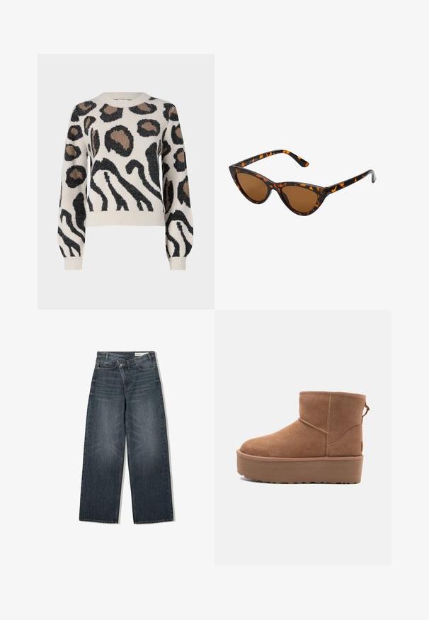 Brun kort jacka i konstläder med bred krage, dragkedja fram, sidofickor och skärp i midjan. Mjuk yta, avslappnad passform.; JDY LORRAINE - Stickad tröja - cement; Mörk tvättade denimjeans med vida ben, hög midja, fem fickor och subtila slitningar framtill.; Tan mockasköna med plattformssula, rund tå och broderade detaljer; har en dragflik baktill för enkel påtagning.; Kattögon-solglasögon med en ram i svart och orange sköldpaddsmönster, bruna linser och smala, spetsiga tips. Har en minimalistisk logotyp på bågen.