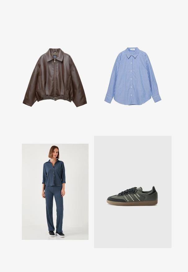 Barna műbőr rövid dzseki széles gallérral, elülső cipzárral, oldalzsebekkel és övvel szabott derékkal. Simább tapintású, laza szabású.; Kék és fehér függőleges csíkos, hosszú ujjú ing, gombos, hegyes gallérral és egyetlen mellzsebbel.; Két részes szett, amely egy struktúrált, sötétkék, gombos inget tartalmaz feltűrt ujjal és hozzáillő, testhezálló nadrággal. Fekete sportcipők egészítik ki a megjelenést.; adidas Originals SAMBA OG - Sportcipő - core black/legend earth/gum