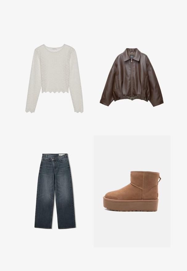 Jachetă scurtă maro din piele ecologică, cu guler lat, fermoar frontal, buzunare laterale și talie cu curea. Textură netedă, croială lejeră.; Top crem cu maneci lungi, cu un model floral texturat, design cropped și margine crestată. Fabricat dintr-un material ușor, semi-transparent.; Jeans din denim decolorat închis, cu un design cu picioare largi, dispune de talie înaltă, cinci buzunare și detalii subtile de uzură pe față.; Botine din suede de culoare bej, cu talpă platformă, vârf rotund și detalii de cusătură; dispune de un mânere la spate pentru a fi ușor de încălțat.