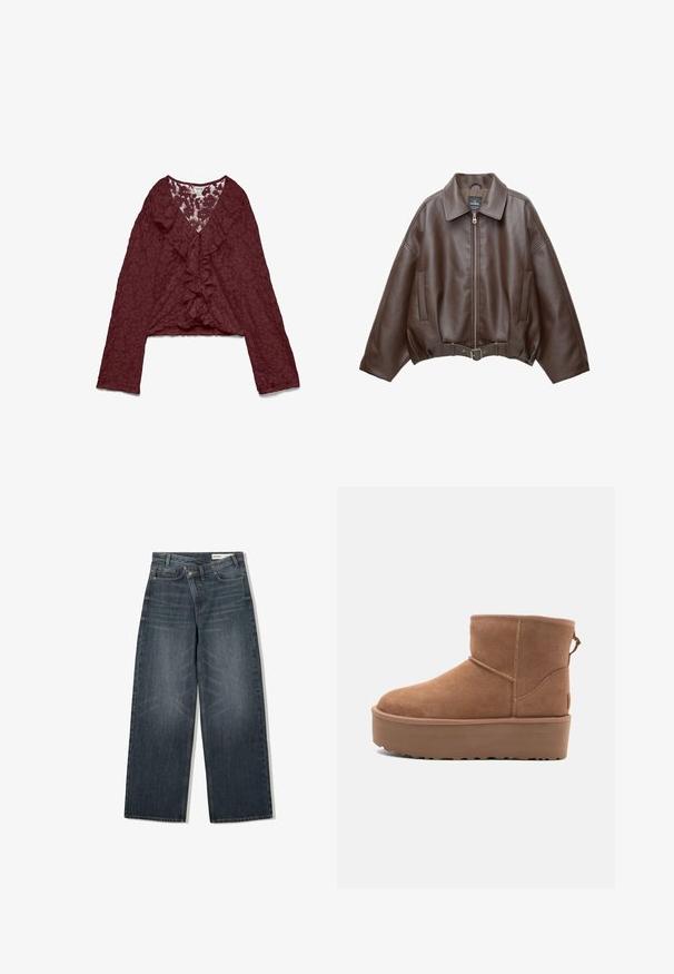 Rjava umetna usnjena krajšna jakna z širokim ovratnikom, zadrgo spredaj, stranskimi žepi in pasom v pasu. Gladek tekstura, sproščen kroj.; Burgundska čipkasta bluza z dolgimi rokavi in nabrano V-izrezom spredaj, z reliefnim cvetličnim vzorcem in nekoliko skrajšano dolžino.; Temneje prane kavbojke širokega kroja, z visokim pasom, petimi žepi in subtilnim brušenjem spredaj.; Bela antilopova gležnjača s platformom, okruglim vrhom i dekorativnim šavovima; ima uvučenu petlju straga za lakše oblačenje.