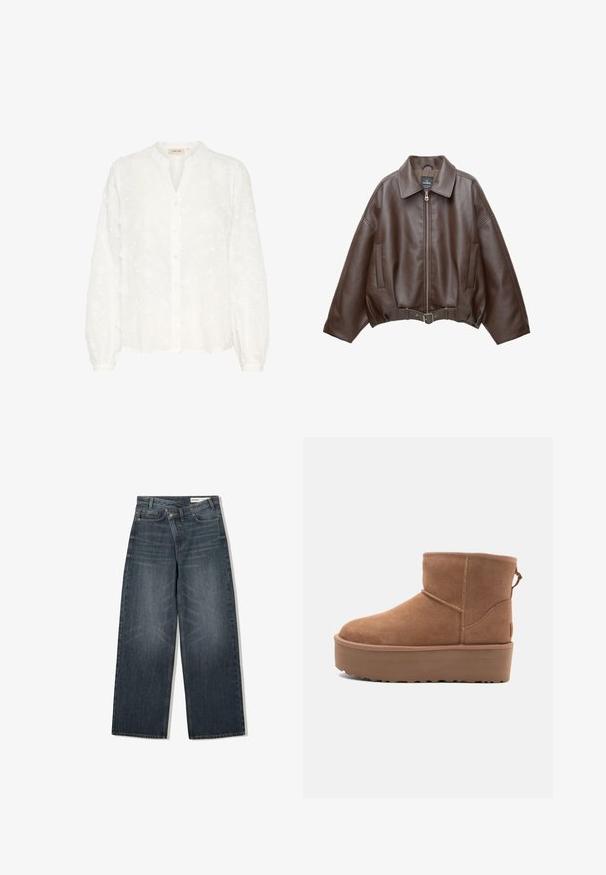 Bruine jack van imitatieleer, kort model, met een brede kraag, ritssluiting aan de voorkant, zijzakken en een tailleband met ceintuur. Gladde textuur, ontspannen pasvorm.; Witte geborduurde blouse met een henley-kraag, lange pofmouwen, knoopsluiting en bloemmotieven over de hele blouse. Zachte, lichte stof.; Donker gewassen spijkerbroek met een wijde pijpdesign, voorzien van een hoge taille, vijf zakken en subtiele wassing aan de voorkant.; Tan suède enkellaars met een platformzool, ronde neus en stiksels; heeft een trekband aan de achterkant voor gemakkelijke instap.