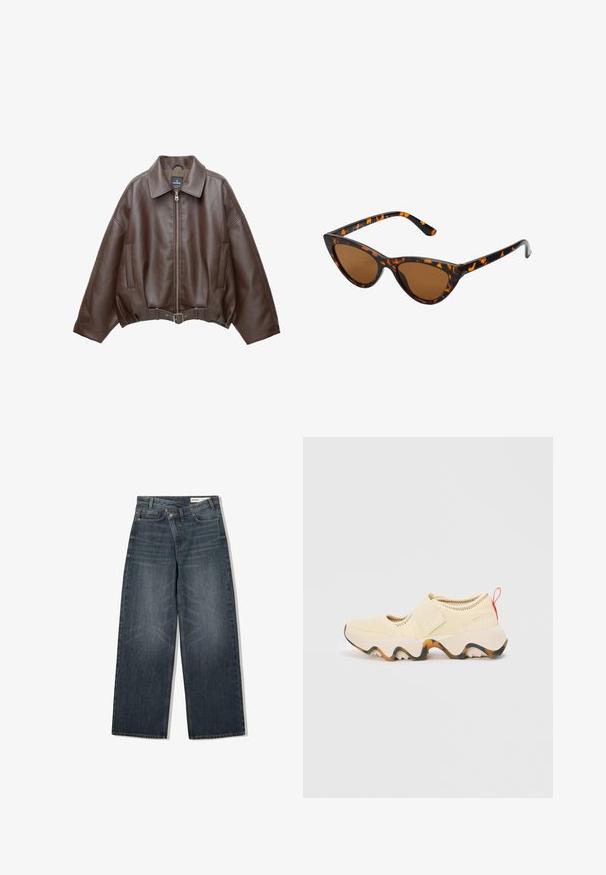 Bruine jack van imitatieleer, kort model, met een brede kraag, ritssluiting aan de voorkant, zijzakken en een tailleband met ceintuur. Gladde textuur, ontspannen pasvorm.; Beige haltertop met gedrapeerde voorkant, met een zachte textuur en kleine metalen accenten langs de halslijn. Vetersluiting aan de achterkant.; Donker gewassen spijkerbroek met een wijde pijpdesign, voorzien van een hoge taille, vijf zakken en subtiele wassing aan de voorkant.; Lichtbeige instapschoen met een textuur bovenkant, verstelbare band, stevige rubberen zool met witte en oranje accenten, en een rode trekknop.; Cat-eye zonnebril met een zwart en oranje schildpadframe, bruine lenzen en slanke, puntige uiteinden. Bevat een minimalistisch logo op de poot.