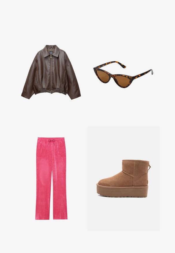 Barna műbőr rövid dzseki széles gallérral, elülső cipzárral, oldalzsebekkel és övvel szabott derékkal. Simább tapintású, laza szabású.; Beige pántnélküli felső, drapírozott elülső résszel, sima textúrával és apró fémes díszítésekkel a nyakvonal mentén. Hátul megkötős.; Rózsaszín bársony nadrág, állítható derékrésszel, két elülső zsebbel, széles lábakkal és sima felszínnel.; Barna suede bokacsizma platform talppal, lekerekített orral és varrás részletekkel; a hátsó részen húzófül található a könnyű felhúzás érdekében.; Cica szemüveg fekete és narancssárga teknőc pánttal, barna lencsékkel és sima, hegyes végekkel. A templomán egy minimalista logó található.