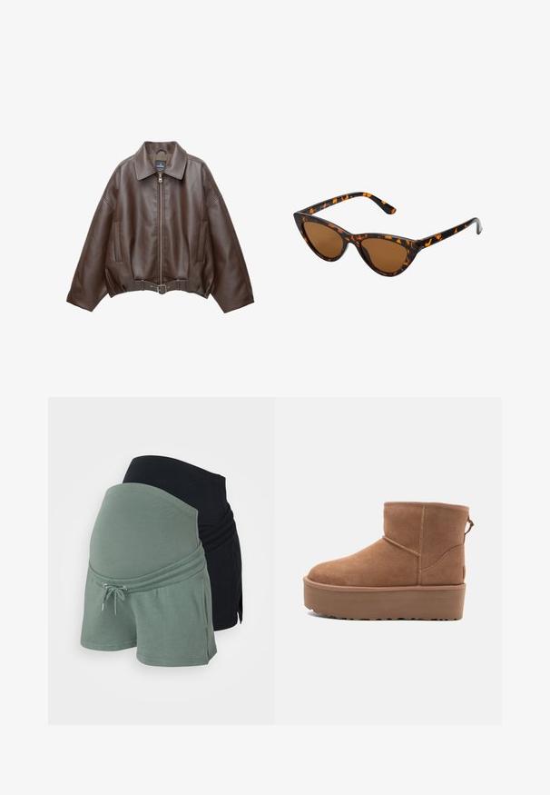 Kavaj s ošišanim donjim dijelom od smeđe umjetne kože s širokim ovratnikom, prednjim patentnim zatvaračem, bočnim džepovima i remenom u struku. Glatka tekstura, udoban kroj.; Bež halter top s nabranim prednjim dijelom, koji ima glatku teksturu i male metalne akcentne detalje uz izrez. Veže se straga.; Set kratkih hlača za trudnoću u crnoj i zelenoj boji. Mekani pamučni materijal, opušteni kroj, podesivi pojas s vezicom, s višeslojnim dizajnom.; Svijetlosmeđi antilop čizmice do članka s platformom, okruglim vrhom i ukrasnim šavovima; ima petnu traku za lakše obuvanje.; Sunglasses u obliku mačjih očiju s okvirom u crno-narančastom kornjačevom uzorku, smešnim lećama i elegatnim, šiljastim vrhovima. Sadrži minimalni logo na dršci.