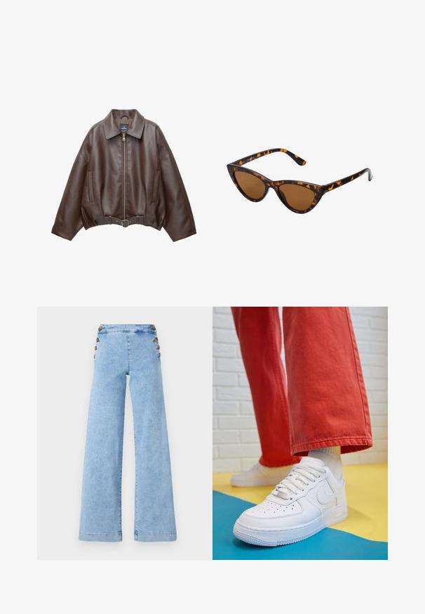 Hnedá krátka bunda z umelého kože s širokým golierom, predným zipsom, bočnými vreckami a opaskom v páse. Hladká textura, voľný strih.; Béžový top na halterneck s drapovaným predným dielom, s hladkým povrchom a malými kovovými akcentmi pozdĺž výstrihu. Zaväzuje sa na chrbte.; Svetlomodré denimové nohavice s širokými nohavicami a vysokým pásom, so kovovými gombíkmi po stranách a hladkou, mierne opotrebovanou textúrou.; Biele kožené tenisky s perforovanou špičkou, textúrovanou podrážkou a bielymi šnúrkami, spárované so širokými červenými nohavicami na modrom a žltom pozadí.; Mačacie slnečné okuliare s čiernym a oranžovým želvovinovým rámom, hnedými sklami a elegantnými, špicatými koncami. Obsahujú minimalistické logo na spánku.