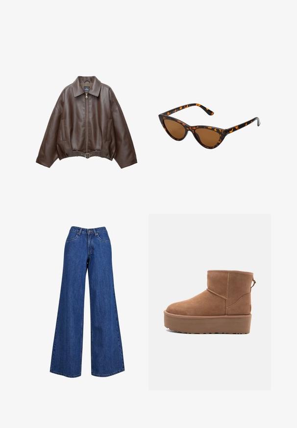 Kavaj s ošišanim donjim dijelom od smeđe umjetne kože s širokim ovratnikom, prednjim patentnim zatvaračem, bočnim džepovima i remenom u struku. Glatka tekstura, udoban kroj.; Bež halter top s nabranim prednjim dijelom, koji ima glatku teksturu i male metalne akcentne detalje uz izrez. Veže se straga.; Farmerke s širokim nogavicama u srednje plavoj boji, s visokim strukom, kontrastnim šavovima i klasičnim dizajnom s pet džepova.; Svijetlosmeđi antilop čizmice do članka s platformom, okruglim vrhom i ukrasnim šavovima; ima petnu traku za lakše obuvanje.; Sunglasses u obliku mačjih očiju s okvirom u crno-narančastom kornjačevom uzorku, smešnim lećama i elegatnim, šiljastim vrhovima. Sadrži minimalni logo na dršci.