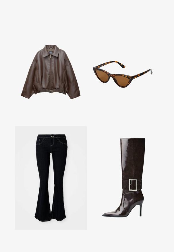 Hnědá krátká bunda z umělé kůže se širokým límcem, předním zipem, bočními kapsami a páskem v pase. Hladká textura, volný střih.; Béžový halter top s přehozem v přední části, který má hladkou texturu a malé kovové detaily podél výstřihu. Zavazuje se na zádech.; Zúžené džíny v tmavém odstínu s vyšším pasem, předními a zadními kapsami a kontrastním žlutým prošíváním na švech.; Tmavě hnědá kožená vysoká bota do kolen s špičatou špičkou, jehlovým podpatkem a širokým páskem s velkou obdélníkovou stříbrnou sponou.; Sluneční brýle ve stylu kočičích očí s černo-oranžovým želvovinovým rámem, hnědými skly a elegantními, špičatými konci. Obsahují minimalistické logo na straně.