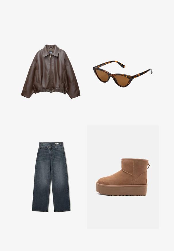 Rjava umetna usnjena krajšna jakna z širokim ovratnikom, zadrgo spredaj, stranskimi žepi in pasom v pasu. Gladek tekstura, sproščen kroj.; Bež top na halter z nabrano sprednjo stranjo, ki ima gladko teksturo in majhne kovinske dodatke vzdolž dekolteja. Zavezuje se na hrbtni strani.; Temneje prane kavbojke širokega kroja, z visokim pasom, petimi žepi in subtilnim brušenjem spredaj.; Bela antilopova gležnjača s platformom, okruglim vrhom i dekorativnim šavovima; ima uvučenu petlju straga za lakše oblačenje.; Mačje oči sončna očala z okvirom v črno-oranžni želvej ohišji, rjavimi lečami in elegantnimi, ostrimi konicami. Imajo minimalistični logo na ročaju.