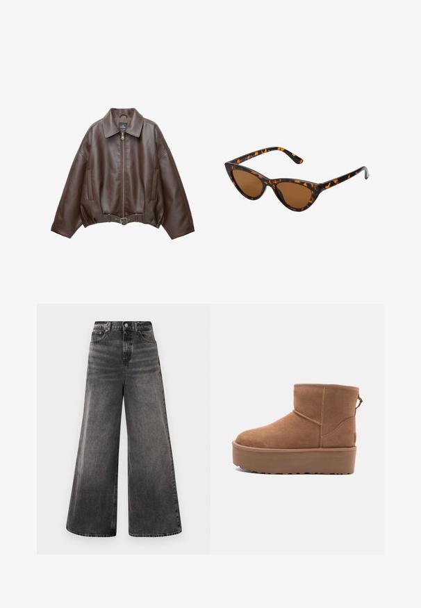 Barna műbőr rövid dzseki széles gallérral, elülső cipzárral, oldalzsebekkel és övvel szabott derékkal. Simább tapintású, laza szabású.; Beige pántnélküli felső, drapírozott elülső résszel, sima textúrával és apró fémes díszítésekkel a nyakvonal mentén. Hátul megkötős.; Széles lábú fekete farmernadrág, megfakult mosással, öt zsebes dizájnnal és gombos záródással a derékrészen, varrott részletekkel.; Barna suede bokacsizma platform talppal, lekerekített orral és varrás részletekkel; a hátsó részen húzófül található a könnyű felhúzás érdekében.; Cica szemüveg fekete és narancssárga teknőc pánttal, barna lencsékkel és sima, hegyes végekkel. A templomán egy minimalista logó található.