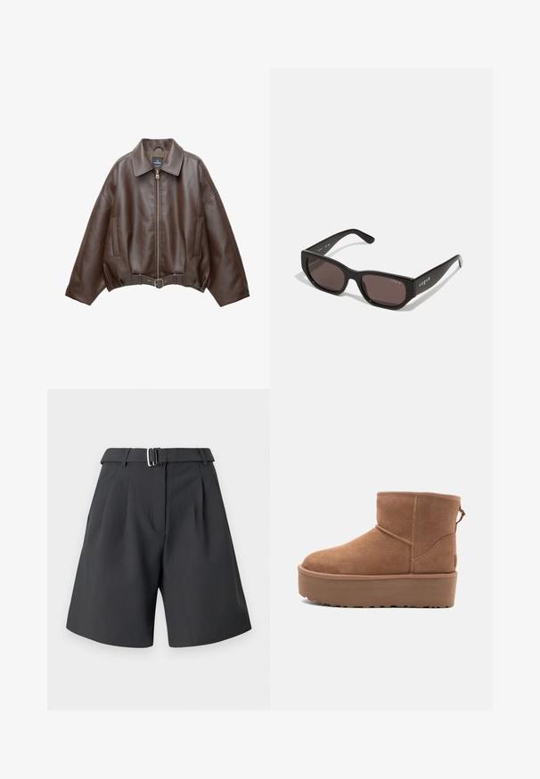 Veste courte en similicuir marron avec un large col, une fermeture éclair frontale, des poches latérales et une taille ceinturée. Texture lisse, coupe décontractée.; Deux tops à manches longues en col roulé, l'un blanc et l'autre noir, fabriqués dans un tissu lisse et extensible, tous deux dotés d'une coupe ajustée et de cols hauts.; Shorts gris foncé en tissu lisse, dotés d'un devant plissé, d'une taille marquée avec une boucle métallique, et de poches latérales.; Bottine en suède tan avec une semelle plate-forme, un bout arrondi et des accents de couture ; elle est dotée d'une languette à l'arrière pour un enfilage facile.; Lunettes de soleil rectangulaires noires avec des verres sombres. Présentent une monture en plastique lisse et un logo sur la branche. Design épuré et moderne.
