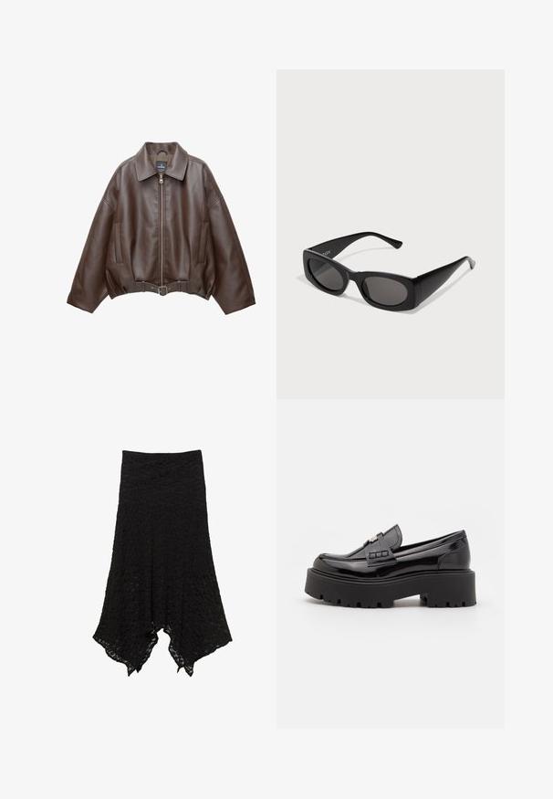 Brun kort jacka i konstläder med bred krage, dragkedja fram, sidofickor och skärp i midjan. Mjuk yta, avslappnad passform.; Svart bomullströja med korta ärmar och en avslappnad passform. Innehåller en röd grafisk tryck på bröstet med texten "EN RESA AV UPPLYSNING."; Svart spetskjol med A-linjeform, strukturerat mönster och ojämn fåll. Har en stretchig midja för komfort.; Madden Girl CALISTA - Slip-ins - black; Svarta solglasögon med rektangulär ram, mörka linser och texturerade sidor. Har en stilren, modern design och djärva silhuetter.