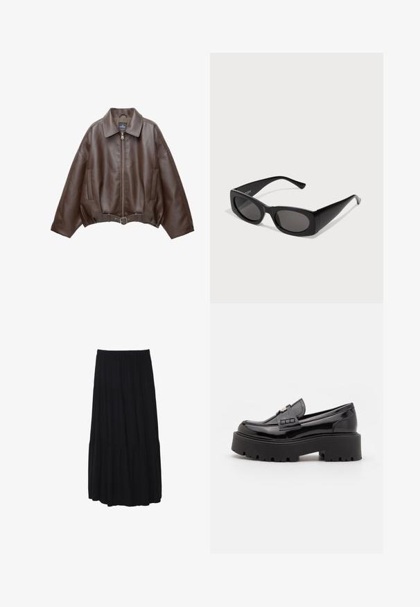 Brązowa kurtka z eko skóry, krótkiego kroju, z szerokim kołnierzem, zamkiem z przodu, bocznymi kieszeniami i paskiem w talii. Gładka faktura, luźny fason.; Czarna bawełniana koszulka z krótkim rękawem i luźnym krojem. Na piersi znajduje się czerwony nadruk z napisem "WĘDRÓWKA ODKRYĆ".; Czarna, tiulowa midi spódnica z elastycznym pasem, wykonana z miękkiego materiału, z płynącą sylwetką i gładką teksturą.; Madden Girl CALISTA czarny; Czarne okulary przeciwsłoneczne z prostokątną oprawką, ciemnymi soczewkami i teksturowanymi bokami. Charakteryzują się eleganckim, nowoczesnym stylem i wyrazistymi sylwetkami.