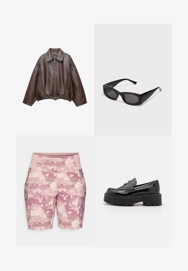 Jachetă scurtă maro din piele ecologică, cu guler lat, fermoar frontal, buzunare laterale și talie cu curea. Textură netedă, croială lejeră.; Tricou din bumbac negru, cu mâneci scurte și o croială lejeră. Prezintă o imprimare grafică roșie pe piept cu textul "O CĂLĂTORIE A REVELAȚIEI."; Șorturi cu un model de camuflaj roz, realizate dintr-un material elastic, având un talie înaltă și buzunare laterale pentru funcționalitate.; Madden Girl CALISTA - Pantofi slip-on - black; Ochelari de soare negri cu un cadru rectangular, lentile întunecate și laterale texturate. Prezintă un design elegant și contemporan, cu siluete îndrăznețe.