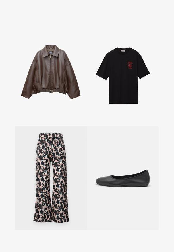 Barna műbőr rövid dzseki széles gallérral, elülső cipzárral, oldalzsebekkel és övvel szabott derékkal. Simább tapintású, laza szabású.; Fekete pamut póló rövid ujjakkal és laza szabással. A mellrészen piros grafikai nyomás található, amelyen az olvasható: "A MEGVILÁGOSODÁS ÚTJA."; MUNTHE ARUM - Nadrágok - rose; Fekete bőr balettcipő lekerekített orral, sima tekstúrával, minimális varrással és rugalmas talp kialakítással.