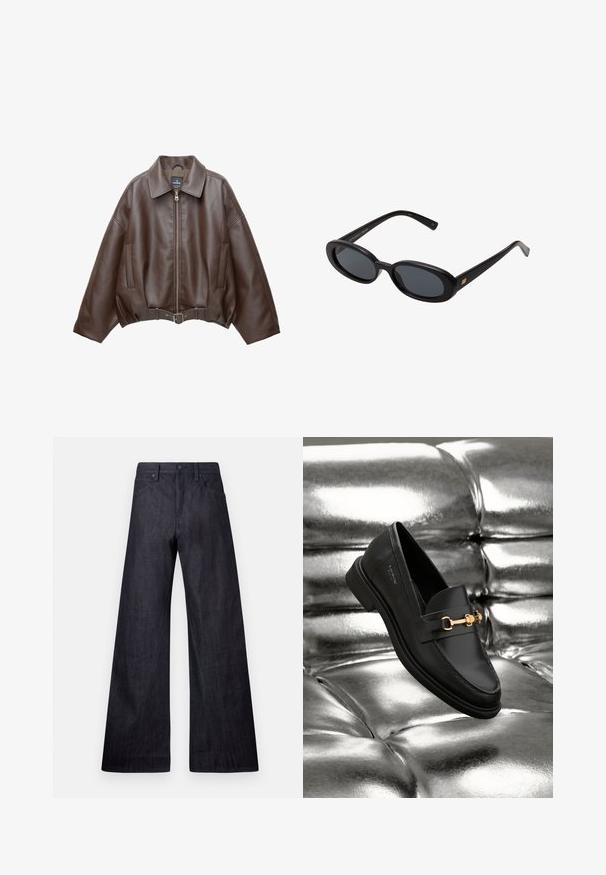 Brun kort jacka i konstläder med bred krage, dragkedja fram, sidofickor och skärp i midjan. Mjuk yta, avslappnad passform.; Svart bomullströja med korta ärmar och en avslappnad passform. Innehåller en röd grafisk tryck på bröstet med texten "EN RESA AV UPPLYSNING."; Breda ben mörk denimjeans med en slät yta, traditionell femficksdesign och en subtil lyster med knappstängning.; Svart läderloafer med detaljer i guldfärg. Skon har en slank design och en jämn, blank yta.; Svarta överdimensionerade solglasögon med ovala linser, slät plastbåge och guldaccent på bågarna. Mörka linser ger solskydd.; Mjuk brun hobo-väskastil med ett brett axelband och en rundad öppning upptill, visad på en vit bakgrund.