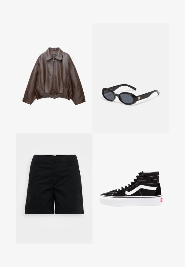 Brun kort jakke i imiteret læder med bred krave, lynlås foran, sidelommer og bælte i taljen. Glat tekstur, afslappet pasform.; Sort og hvid sports-bh med justerbare stropper, en tætsiddende design og krydsrygdetalje. Fremstillet af strækbart, tekstureret materiale.; Sorte bomuldsshorts med lige snit, der har en talje, frontlommer og minimalistisk design. Glat tekstur og ingen synlige mønstre.; Sorte høj-top sneakers med hvide snørebånd, et hvidt logo og kontrasterende hvid syning. Har en tyk hvid sål og struktureret ruskindsoverdel.; Sorte ovale solbriller med mørke linser, glansfuld plastikramme, brede arme og en lille gul accent på den ene side.