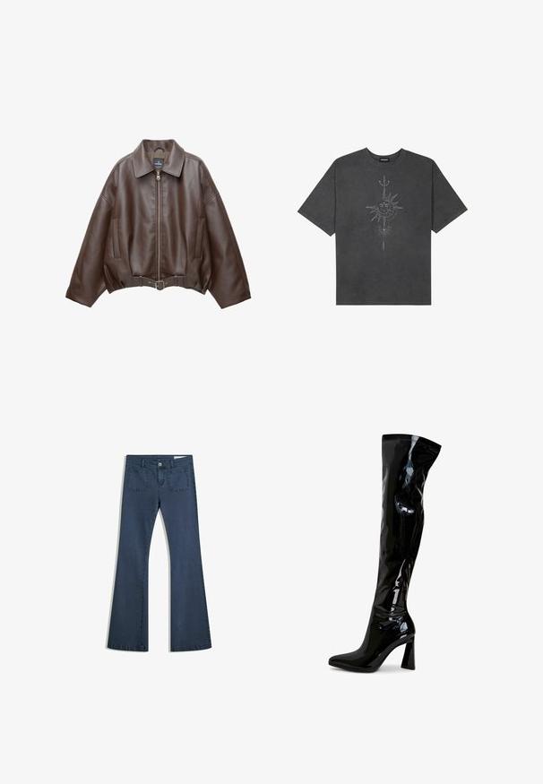 Giacca corta in pelle ecologica marrone con ampio colletto, cerniera frontale, tasche laterali e cintura in vita. Texture liscia, vestibilità comoda.; T-shirt oversize grigio scuro in cotone, con una grafica centrale di un sole con dettagli intricati stampati sul davanti.; Jeans in denim blu scuro a fiala con tasche cucite, chiusura con bottone e una texture liscia. Presenta un classico design a cinque tasche.; Stivali neri sopra il ginocchio realizzati in pelle verniciata lucida, con un design elegante, punta affusolata e tacco a blocco.