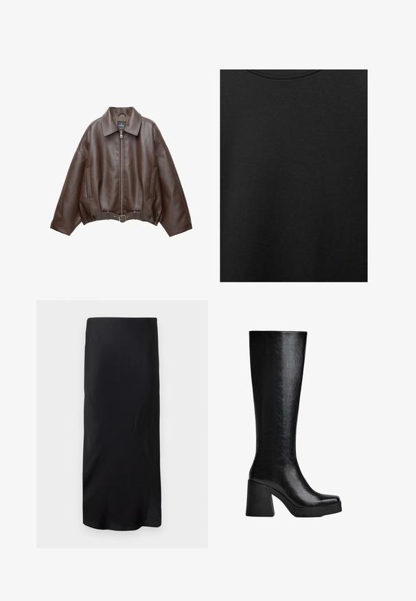 Veste courte en similicuir marron avec un large col, une fermeture éclair frontale, des poches latérales et une taille ceinturée. Texture lisse, coupe décontractée.; Tissu en coton noir avec une texture lisse et un col rond, présentant un motif grainé subtil et uniforme. Pas de logos ou d'accents visibles.; Jupe midi noire sans manches en tissu lisse. Présente une forme droite et allongée sans motifs ni accents. Design simple et minimaliste.; Botte noire à hauteur de genoux en matériau synthétique texturé, présentant un bout carré, un talon épais haut et une surface lisse et élégante.