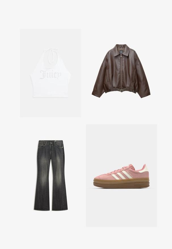 Rjava umetna usnjena krajšna jakna z širokim ovratnikom, zadrgo spredaj, stranskimi žepi in pasom v pasu. Gladek tekstura, sproščen kroj.; Bela halter majica iz mehkega blaga, z besedilom "Juicy" iz rhinestones spredaj. Zavezuje se okoli vratu za prilagodljivo prileganje.; Pasastovne temno modre kavbojke z rahlo bledilom, pet žepov in kontrastnim šivom, s standardnim gumbom in zadrgo.; adidas Originals GAZELLE BOLD - Športni copati - mauve/off white