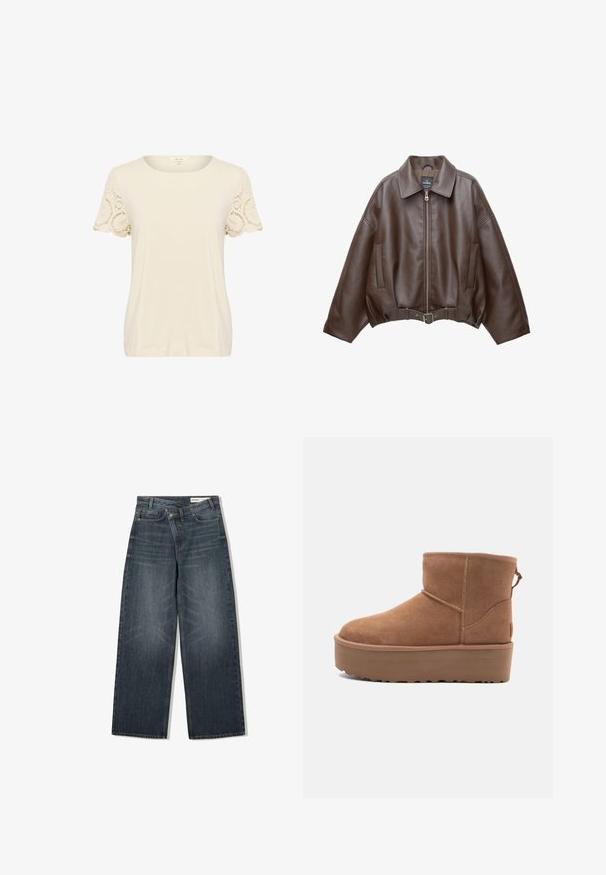 Jachetă scurtă maro din piele ecologică, cu guler lat, fermoar frontal, buzunare laterale și talie cu curea. Textură netedă, croială lejeră.; Tricou crem cu decolteu rotund și mâneci scurte. Mânecele au detalii complicate din dantelă. Țesătură moale, netedă și croială lejeră.; Jeans din denim decolorat închis, cu un design cu picioare largi, dispune de talie înaltă, cinci buzunare și detalii subtile de uzură pe față.; Botine din suede de culoare bej, cu talpă platformă, vârf rotund și detalii de cusătură; dispune de un mânere la spate pentru a fi ușor de încălțat.