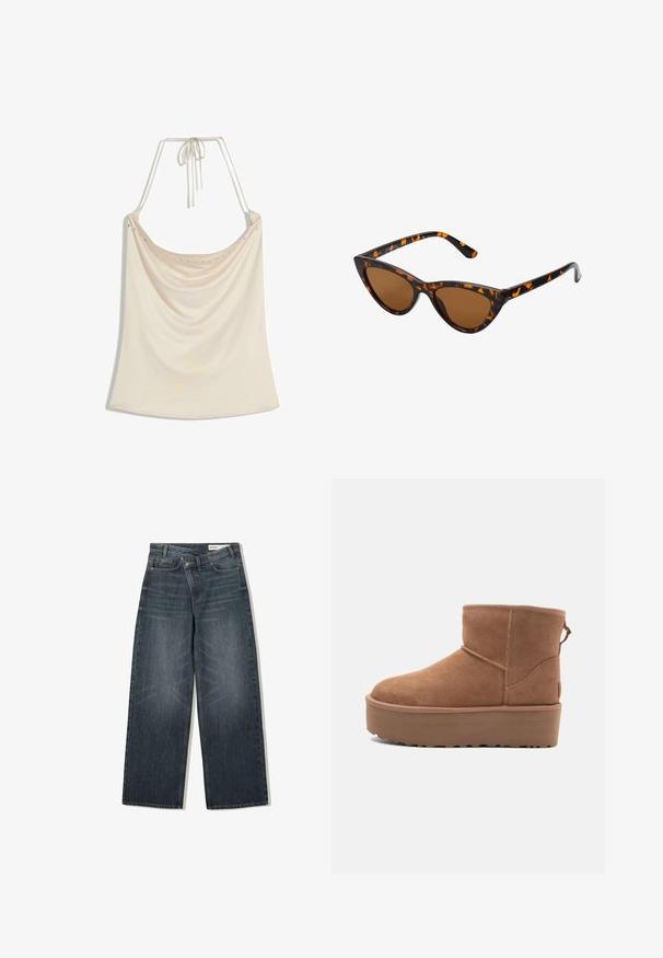 Barna műbőr rövid dzseki széles gallérral, elülső cipzárral, oldalzsebekkel és övvel szabott derékkal. Simább tapintású, laza szabású.; Beige pántnélküli felső, drapírozott elülső résszel, sima textúrával és apró fémes díszítésekkel a nyakvonal mentén. Hátul megkötős.; Sötét mosású farmernadrág, széles lábakkal, magas derékkal, öt zsebbel és finom kopásnyomokkal az elején.; Barna suede bokacsizma platform talppal, lekerekített orral és varrás részletekkel; a hátsó részen húzófül található a könnyű felhúzás érdekében.; Cica szemüveg fekete és narancssárga teknőc pánttal, barna lencsékkel és sima, hegyes végekkel. A templomán egy minimalista logó található.