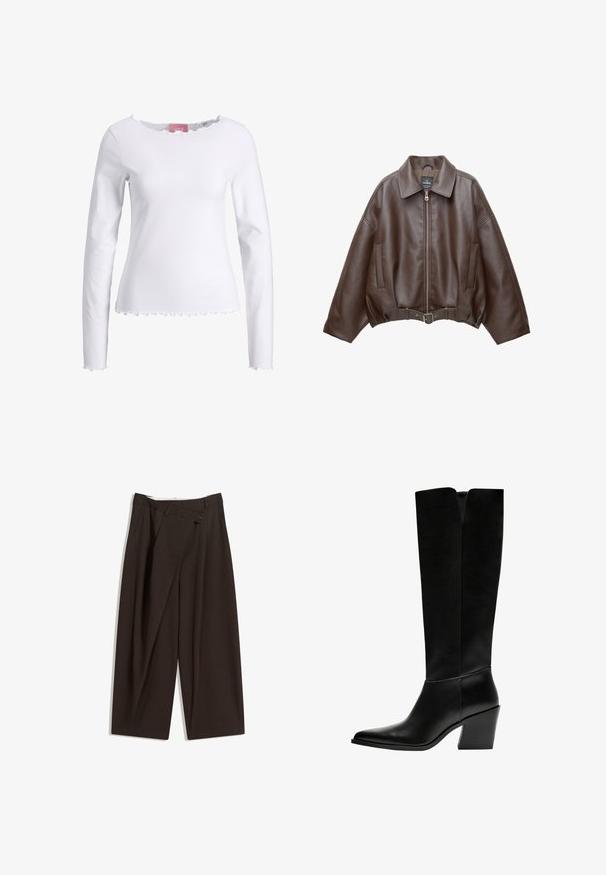 Ruskea tekonahkainen lyhyt takki, jossa leveä kaulus, edessä vetoketju, sivutaskut ja vyötäröllä vyö. Sileä pinta, rento istuvuus.; Valkoinen pitkähihaisena paita, joka on valmistettu puuvillasta. Siinä on pyöreä pääntie, jossa on röyhelöreuna, ja röyhelöhelma. Yksinkertainen, tiukka malli.; Tummanruskeat leveälahkeiset housut, joissa on korkea vyötärö, yhden napin sulkea ja pleatattu etuosa. Valmistettu kevyestä kankaasta.; Mustat polvimittaiset saappaat, jotka on valmistettu sileästä nahasta. Saappaissa on terävä kärki, tukevat korko ja V-muotoinen leikkaus ylhäällä.