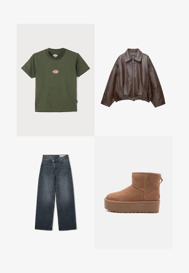 Barna műbőr rövid dzseki széles gallérral, elülső cipzárral, oldalzsebekkel és övvel szabott derékkal. Simább tapintású, laza szabású.; Olivazöld pamut póló, kerek nyakkivágással és rövid ujjakkal. Elöl színes logó foltot tartalmaz. Sima textúra.; Sötét mosású farmernadrág, széles lábakkal, magas derékkal, öt zsebbel és finom kopásnyomokkal az elején.; Barna suede bokacsizma platform talppal, lekerekített orral és varrás részletekkel; a hátsó részen húzófül található a könnyű felhúzás érdekében.