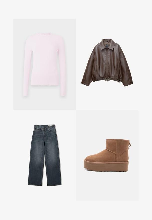 Brun kort jacka i konstläder med bred krage, dragkedja fram, sidofickor och skärp i midjan. Mjuk yta, avslappnad passform.; Rosa långärmad topp i ribbad struktur, med en volangkrage och en figurnära design med fransad fålldetalj.; Mörk tvättade denimjeans med vida ben, hög midja, fem fickor och subtila slitningar framtill.; Tan mockasköna med plattformssula, rund tå och broderade detaljer; har en dragflik baktill för enkel påtagning.