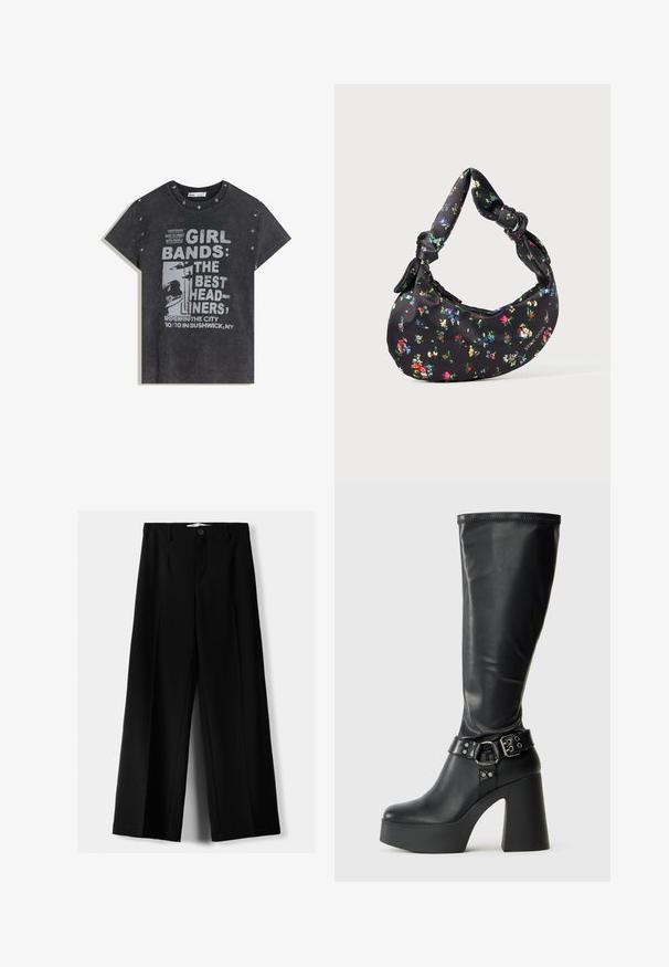 Brun kort jacka i konstläder med bred krage, dragkedja fram, sidofickor och skärp i midjan. Mjuk yta, avslappnad passform.; Svart grafisk t-shirt i bomull med ljusgrå text om tjejband och en konsert, med stjärnaccenter nära axlarna.; Svarta vida byxor i lätt material, med knappstängning fram och platt front, samt väl sydda fållar.; Svart knähöga plattformstövlar med glansig yta, utrustade med en bred klack och en spänne-bandsdetalj vid vristen.; Svart halvmåneformad handväska med färgglad blommönster och knutna handtag, med en liten metallisk logotyp på nedre högra sidan.