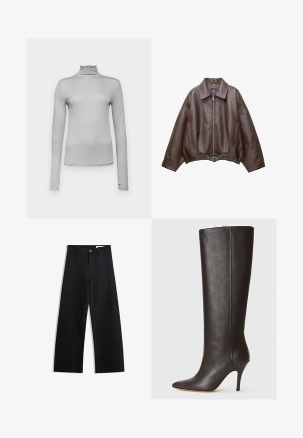 Braune, kurz geschnittene Jacke aus Kunstleder mit weitem Kragen, vorderem Reißverschluss, Seitentaschen und einem Taillengürtel. Glatte Textur, entspannte Passform.; Helles graues Langarm-Turtleneck aus einem glatten, elastischen Stoff. Slim Fit mit hohem Ausschnitt und dezent gerafftem Saum.; Schwarze weit geschnittene Jeans mit hoher Taille, ausgestattet mit Vorder- und Hintertaschen, gesteppten Nähten und einem Knopfverschluss. Glatte Textur.; Schwarze knöchelhohe Lederstiefel mit spitzem Schuhspitze, schlankem Design und dünnem hohen Absatz. Glatte Textur und minimale Verzierungen.
