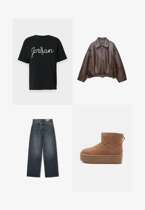Jachetă scurtă maro din piele ecologică, cu guler lat, fermoar frontal, buzunare laterale și talie cu curea. Textură netedă, croială lejeră.; Tricou negru din bumbac, cu mâneci scurte, având inscripția "Jordan" din strasuri și un accent auriu al logo-ului Jumpman sub text.; Jeans din denim decolorat închis, cu un design cu picioare largi, dispune de talie înaltă, cinci buzunare și detalii subtile de uzură pe față.; Botine din suede de culoare bej, cu talpă platformă, vârf rotund și detalii de cusătură; dispune de un mânere la spate pentru a fi ușor de încălțat.