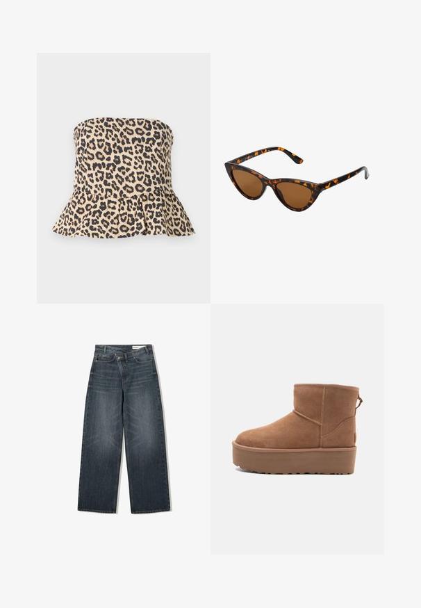 Braune, kurz geschnittene Jacke aus Kunstleder mit weitem Kragen, vorderem Reißverschluss, Seitentaschen und einem Taillengürtel. Glatte Textur, entspannte Passform.; Stoffoberteil ohne Träger in Beige und Schwarz mit einem schwingenden Peplum-Saum und glatter Stofftextur.; Dunkel waschjeans mit weitem Bein, hoher Taille, fünf Taschen und dezenten Abnutzungen an der Vorderseite.; Beige Wildleder-Ankle-Boot mit Plateausohle, abgerundetem Zehenbereich und abgesteppten Akzenten; verfügt über eine Zuglasche hinten für einfaches An- und Ausziehen.; Katzenaugen-Sonnenbrille mit einem schwarz-orangenen Schildpattrahmen, braunen Gläsern und schlanken, spitzen Enden. Verfügt über ein minimalistisches Logo am Bügel.