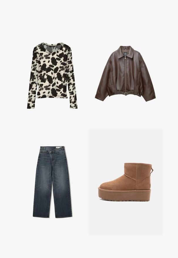 Braune, kurz geschnittene Jacke aus Kunstleder mit weitem Kragen, vorderem Reißverschluss, Seitentaschen und einem Taillengürtel. Glatte Textur, entspannte Passform.; Langärmliges Oberteil aus leichtem Stoff mit einem Schwarz-Weiß-Kuhmuster, rundem Ausschnitt und entspannter Passform.; Dunkel waschjeans mit weitem Bein, hoher Taille, fünf Taschen und dezenten Abnutzungen an der Vorderseite.; Beige Wildleder-Ankle-Boot mit Plateausohle, abgerundetem Zehenbereich und abgesteppten Akzenten; verfügt über eine Zuglasche hinten für einfaches An- und Ausziehen.
