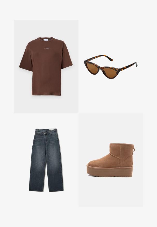 Barna műbőr rövid dzseki széles gallérral, elülső cipzárral, oldalzsebekkel és övvel szabott derékkal. Simább tapintású, laza szabású.; Barna pamut póló laza szabással, kerek nyakkivágással és rövid ujjakban. Elöl kis "JJXX STUDIO" felirattal rendelkezik.; Sötét mosású farmernadrág, széles lábakkal, magas derékkal, öt zsebbel és finom kopásnyomokkal az elején.; Barna suede bokacsizma platform talppal, lekerekített orral és varrás részletekkel; a hátsó részen húzófül található a könnyű felhúzás érdekében.; Cica szemüveg fekete és narancssárga teknőc pánttal, barna lencsékkel és sima, hegyes végekkel. A templomán egy minimalista logó található.