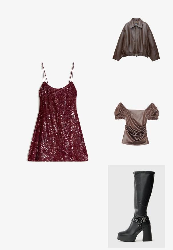 Brun kort jacka i konstläder med bred krage, dragkedja fram, sidofickor och skärp i midjan. Mjuk yta, avslappnad passform.; Brun satängtop med bar axel och puffärmar, rynkad detalj framtill och en slät textur. Elastiska manschetter vid ärmkanterna.; Burgundy paljettklänning med tunna justerbara axelband, A-linjeform och en glittrande yta, med full paljettöverdragning för extra lyster.; Svart knähöga plattformstövlar med glansig yta, utrustade med en bred klack och en spänne-bandsdetalj vid vristen.; Svart halvmåneformad handväska med färgglad blommönster och knutna handtag, med en liten metallisk logotyp på nedre högra sidan.