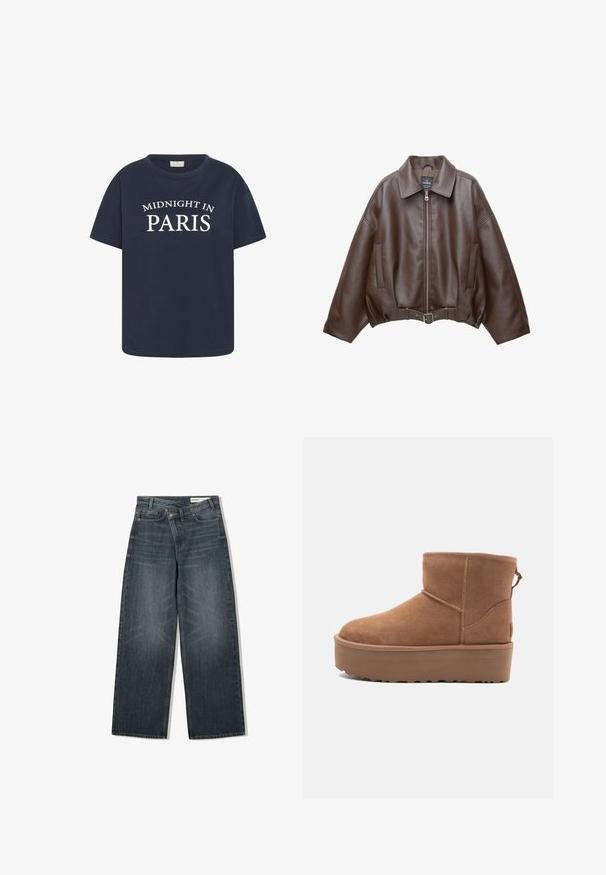 Kavaj s ošišanim donjim dijelom od smeđe umjetne kože s širokim ovratnikom, prednjim patentnim zatvaračem, bočnim džepovima i remenom u struku. Glatka tekstura, udoban kroj.; Tamno plava pamučna majica s okruglim izrezom i kratkim rukavima, s bijelim natpisom "MIDNIGHT IN PARIS" na prednjoj strani.; Tamno pranje traperice s širokim nogavicama, visokim strukom, pet džepova i suptilnim batikiranjem na prednjem dijelu.; Svijetlosmeđi antilop čizmice do članka s platformom, okruglim vrhom i ukrasnim šavovima; ima petnu traku za lakše obuvanje.