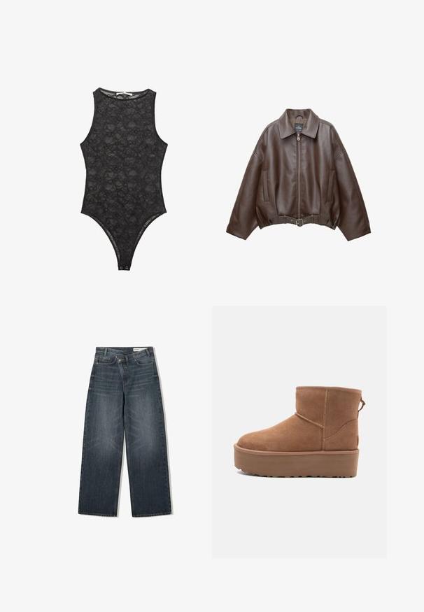 Ruskea tekonahkainen lyhyt takki, jossa leveä kaulus, edessä vetoketju, sivutaskut ja vyötäröllä vyö. Sileä pinta, rento istuvuus.; Mustapitsinen bodysuit, jossa on korkea kaula-aukko, olkaimeton muotoilu ja napitus alaosassa. Herkkä kukkakuosi koko aikana.; Tummanpesun farkut, joissa on leveä lahje, korkea vyötärö, viisi taskua ja hienovarainen kulutusvaikutus etupuolella.; Tan suede nilonini kidogo chukua na sahani ya jukwaa, mguu wenye umbo la duara, na mapambo ya kushona; inajumuisha kipande cha kubana nyuma kwa kuvaa kwa urahisi.