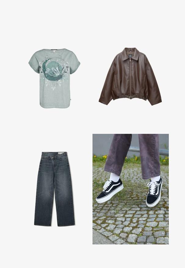 Brązowa kurtka z eko skóry, krótkiego kroju, z szerokim kołnierzem, zamkiem z przodu, bocznymi kieszeniami i paskiem w talii. Gładka faktura, luźny fason.; T-shirt z krótkim rękawem w jasnym odcieniu turkusu z graficznym motywem kwiatowym i półksiężycem. Miękka faktura, luźny krój i podwinięte rękawy.; Jeans z ciemnego denimu o szerokim kroju, z wysokim stanem, pięcioma kieszeniami i subtelnym przetarciem z przodu.; Czarne zamszowe trampki z białymi akcentami, z zaokrąglonym noskiem, grubą białą podeszwą i klasycznym sznurowaniem, noszone z białymi skarpetami i fioletowymi spodniami.