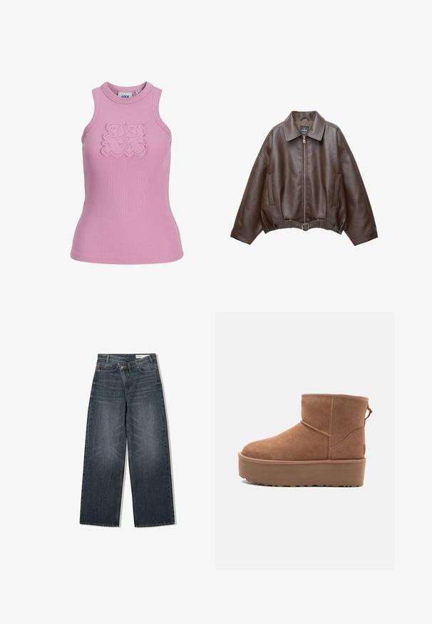 Giacca corta in pelle ecologica marrone con ampio colletto, cerniera frontale, tasche laterali e cintura in vita. Texture liscia, vestibilità comoda.; Top senza maniche a costine in rosa chiaro con scollatura rotonda. Presenta un dettaglio logo testurizzato sul davanti. Tessuto: morbido ed elastico.; Jeans in denim scuro con un design a gamba larga, caratterizzati da una vita alta, cinque tasche e leggere sfumature di usura nella parte anteriore.; Stivale alla caviglia in suede beige con suola platform, punta rotonda e dettagli di cucitura; presenta un inserto sul retro per una facile calzata.