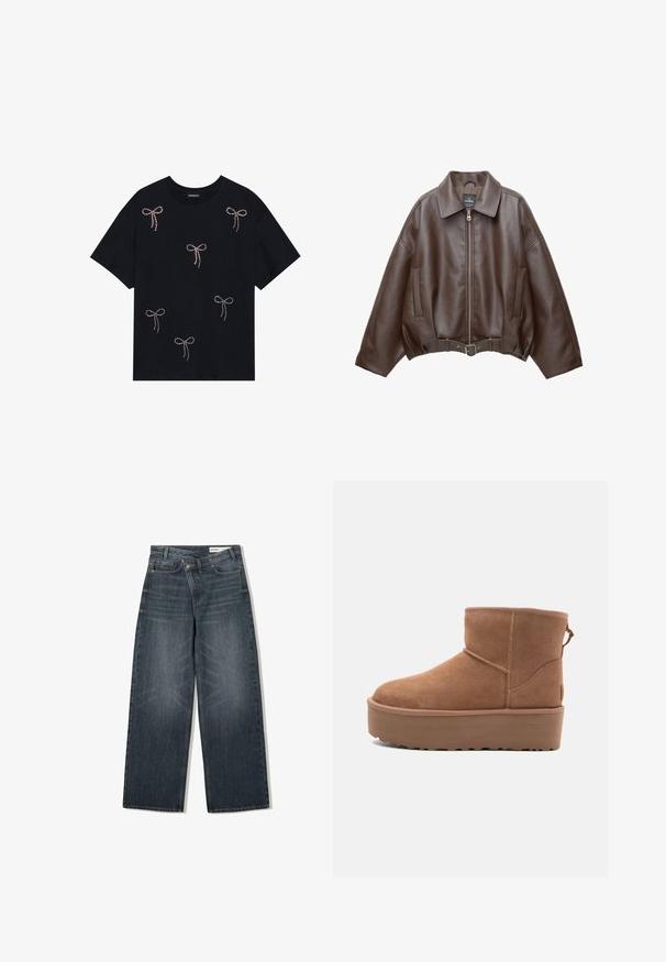 Ruskea tekonahkainen lyhyt takki, jossa leveä kaulus, edessä vetoketju, sivutaskut ja vyötäröllä vyö. Sileä pinta, rento istuvuus.; Musta puuvillapaita, jossa on useita strassikoristeltuja nauhasuunnitelmia etupuolella. Pyöreä kaula-aukko ja lyhyet hihat.; Tummanpesun farkut, joissa on leveä lahje, korkea vyötärö, viisi taskua ja hienovarainen kulutusvaikutus etupuolella.; Tan suede nilonini kidogo chukua na sahani ya jukwaa, mguu wenye umbo la duara, na mapambo ya kushona; inajumuisha kipande cha kubana nyuma kwa kuvaa kwa urahisi.