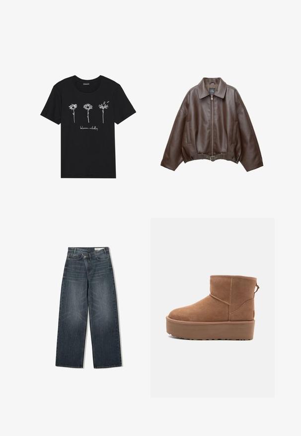 Brun kort jakke i imiteret læder med bred krave, lynlås foran, sidelommer og bælte i taljen. Glat tekstur, afslappet pasform.; Sort bomulds-t-shirt med hvide linjetegninger af tre blomster og teksten "blomstre vildt" nedenfor. Rund hals og korte ærmer.; Mørk vaskede denim jeans med en bred benudskæring, der har høj talje, fem lommer og diskrete slidser på forsiden.; Tan ruskinds ankelstøvle med platformssål, rund tå og syninger; har en løkke bagpå for nem påtagning.