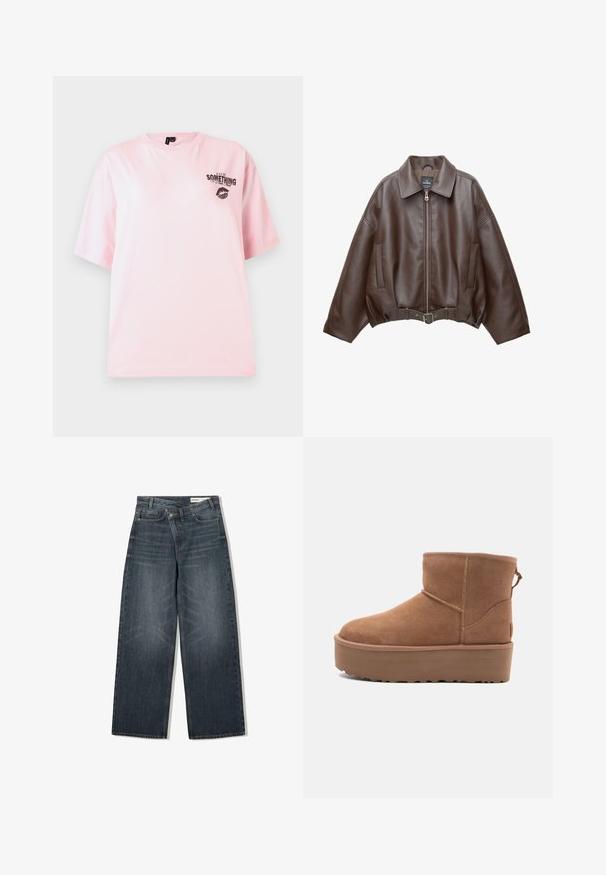 Hnedá krátka bunda z umelého kože s širokým golierom, predným zipsom, bočnými vreckami a opaskom v páse. Hladká textura, voľný strih.; Ružová bavlnená tričko s krátkymi rukávmi a okrúhlym výstrihom, s čiernym potlačeným textom a otlačkom pier na ľavej strane hrude.; Tmavé denimové džínsy s širokým strihom, s vysokým pásom, piatimi vreckami a jemným žmurkaním na prednej strane.; Hnedé semišové členkové čižmy s platformou, okrúhlou špičkou a zdobením stehov; majú slučku zozadu pre jednoduché obúvanie.