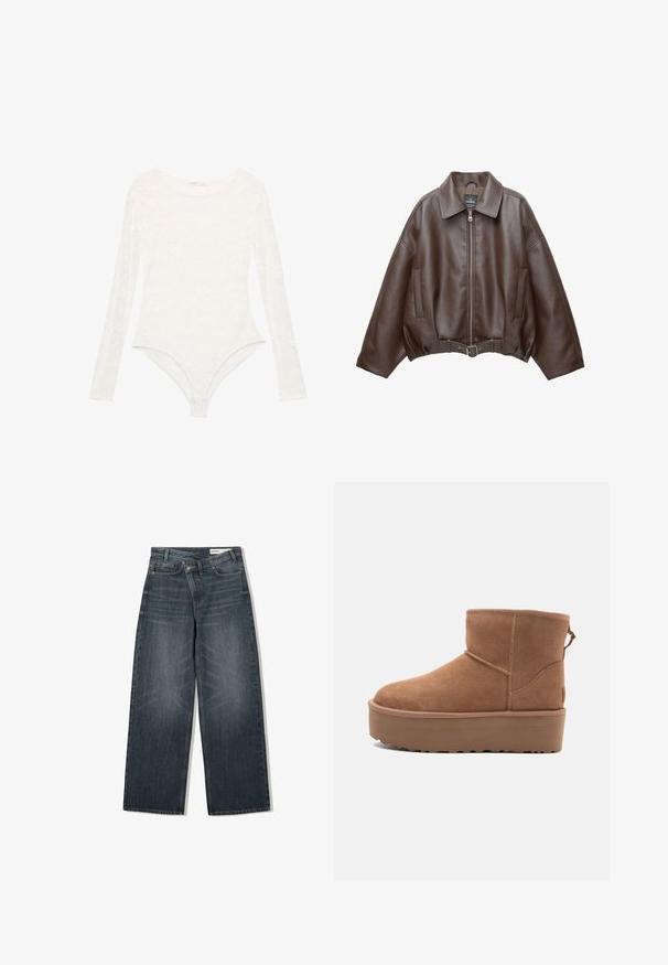 Bruine jack van imitatieleer, kort model, met een brede kraag, ritssluiting aan de voorkant, zijzakken en een tailleband met ceintuur. Gladde textuur, ontspannen pasvorm.; Witte kant lange mouwen bodysuit met een ronde halslijn en een aansluitende silhoeët, met een bloemmotief en een strapless onderkant.; Donker gewassen spijkerbroek met een wijde pijpdesign, voorzien van een hoge taille, vijf zakken en subtiele wassing aan de voorkant.; Tan suède enkellaars met een platformzool, ronde neus en stiksels; heeft een trekband aan de achterkant voor gemakkelijke instap.