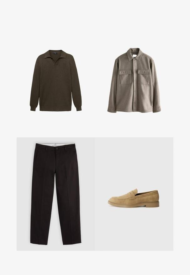 Košilové triko v jemné, tlumené hnědé vlně, s dlouhými rukávy, dvěma náprsními kapsami a klasickým límcem. Hladká textura s mírně uvolněným střihem.; Olivově zelený pletený svetr s límcem ve tvaru V, dlouhými rukávy, ribbenou strukturou a volným střihem. Žádné výrazné vzory ani akcenty nejsou viditelné.; Černé chinos s rovnými nohavicemi, poutky na opasek, knoflíkovým zapínáním a bočními kapsami, vystavené na světle šedém pozadí.; Béžové semišové mokasíny s kulatou špičkou, nízkým blokovým podpatkem a prošíváním na svršku. Hladký povrch a minimalistický design.
